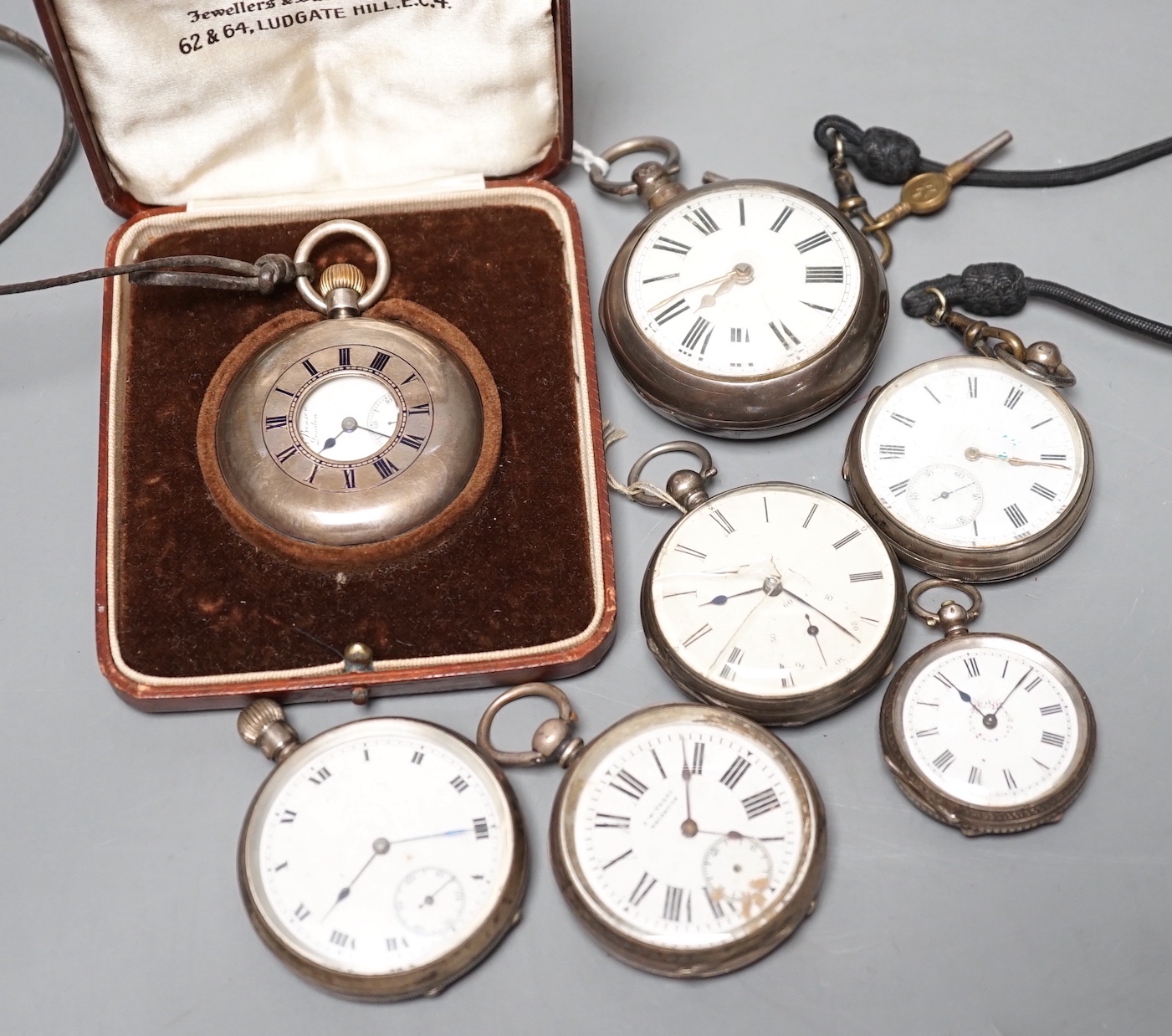 A Victorian silver pair cased pocket watch by Reeve & Son, Capel and six other assorted silver or white metal pocket watches including cased silver J.W. Benson.